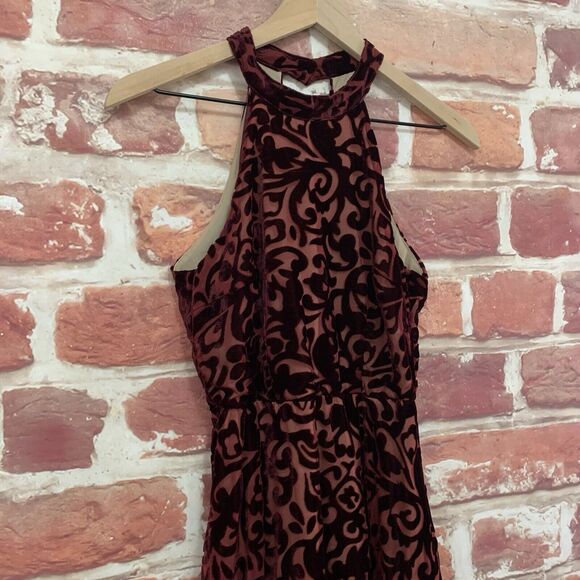 Foreign Exchange Halter Dress Women's Small Burgundy Velvet Velour Burnout - Picture 3 of 9